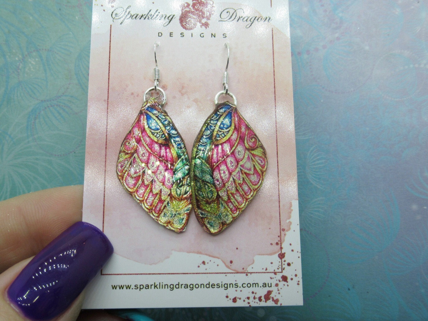 Butterfly Earrings Stained Glass Pink, Blue & Gold - Fairy Jewellery, Gift for her Statement Present Sparkly - Resin with Glitter Finish