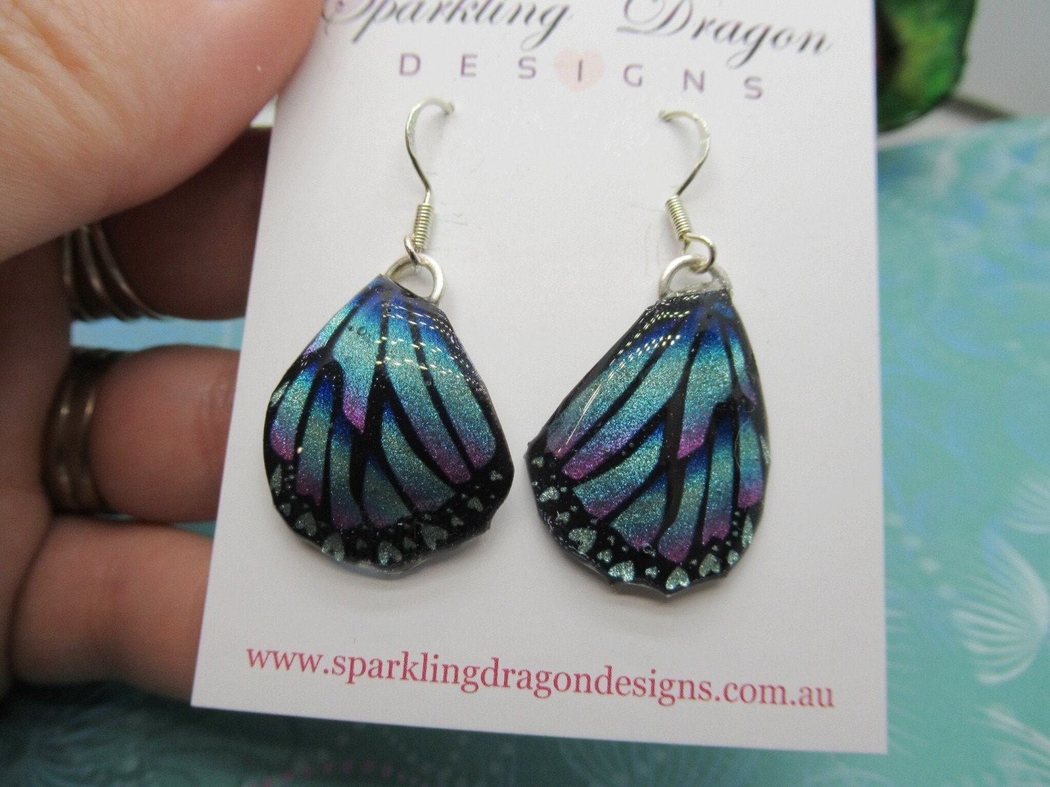 Butterfly Wing Earrings Pink & Blue Hearts - Fairy Jewellery, Fun Gift for her Fairy Wing Earrings - Sparkly - Resin with Glitter Finish