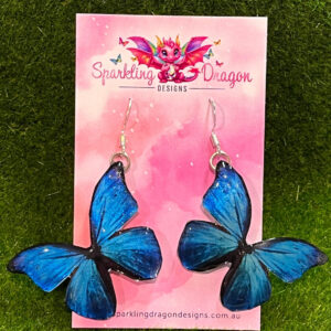 Blue Butterfly Earrings - Fairy Jewellery Fun Gift for her Statement Present Sparkly - Resin with Glitter Finish