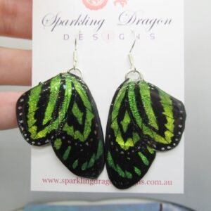 Vibrant Green Yellow Butterfly Double Wing Earrings - Shimmering Fairy Jewellery Fun Gift, Fairy Wing Earrings - Sparkly - Resin