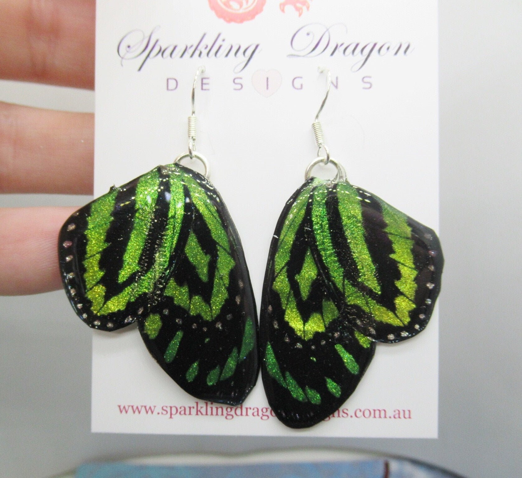 Vibrant Green Yellow Butterfly Double Wing Earrings - Shimmering Fairy Jewellery Fun Gift, Fairy Wing Earrings - Sparkly - Resin