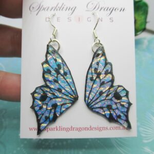 Shimmery Blue Butterfly Double Wing Earrings  - Fairy Jewellery, Fun Gift for her Statement Present Sparkly  - Resin with Glitter Finish