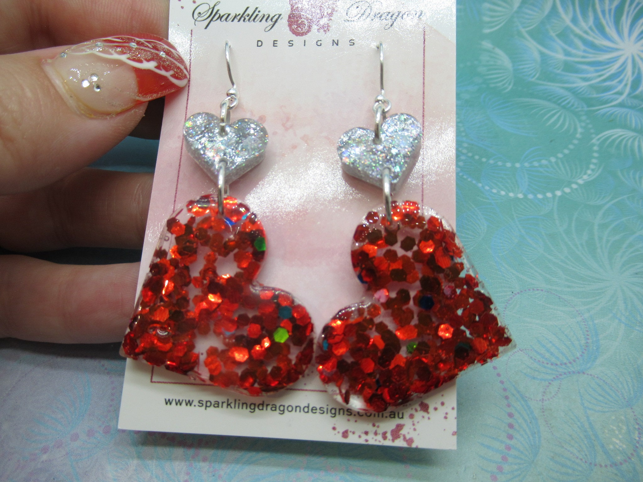 Love Heart Earrings - Statement Red & Holo Silver