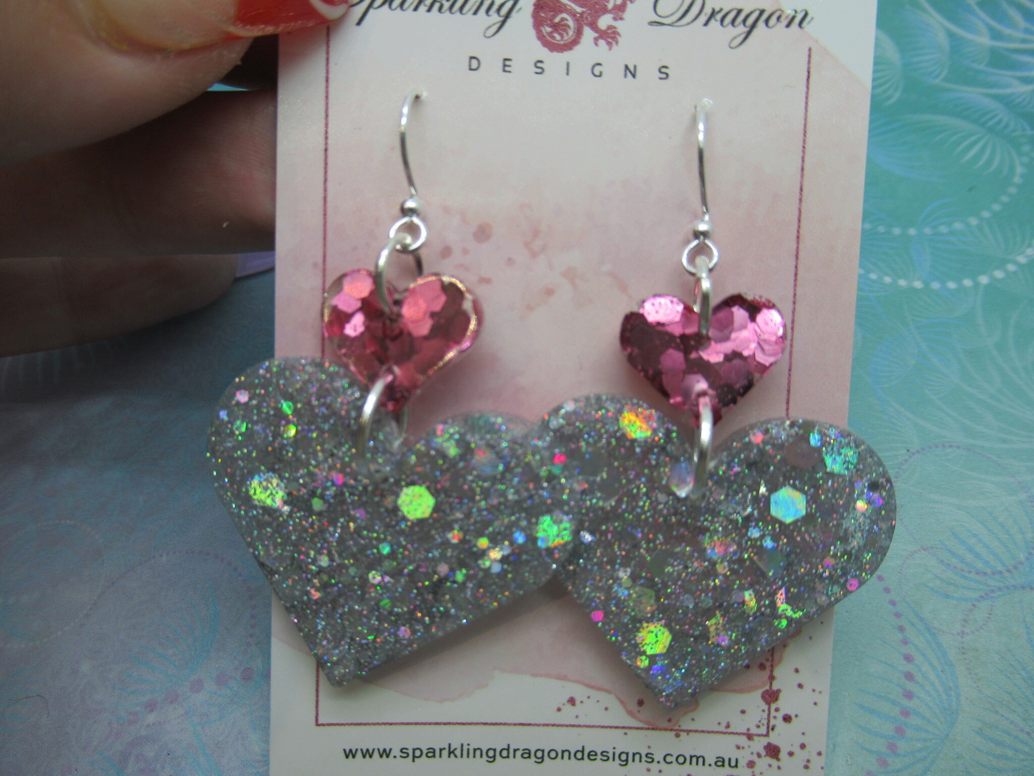 Love Heart Earrings - Statement Holo Silver and Sweet Pink Hearts - Image 2