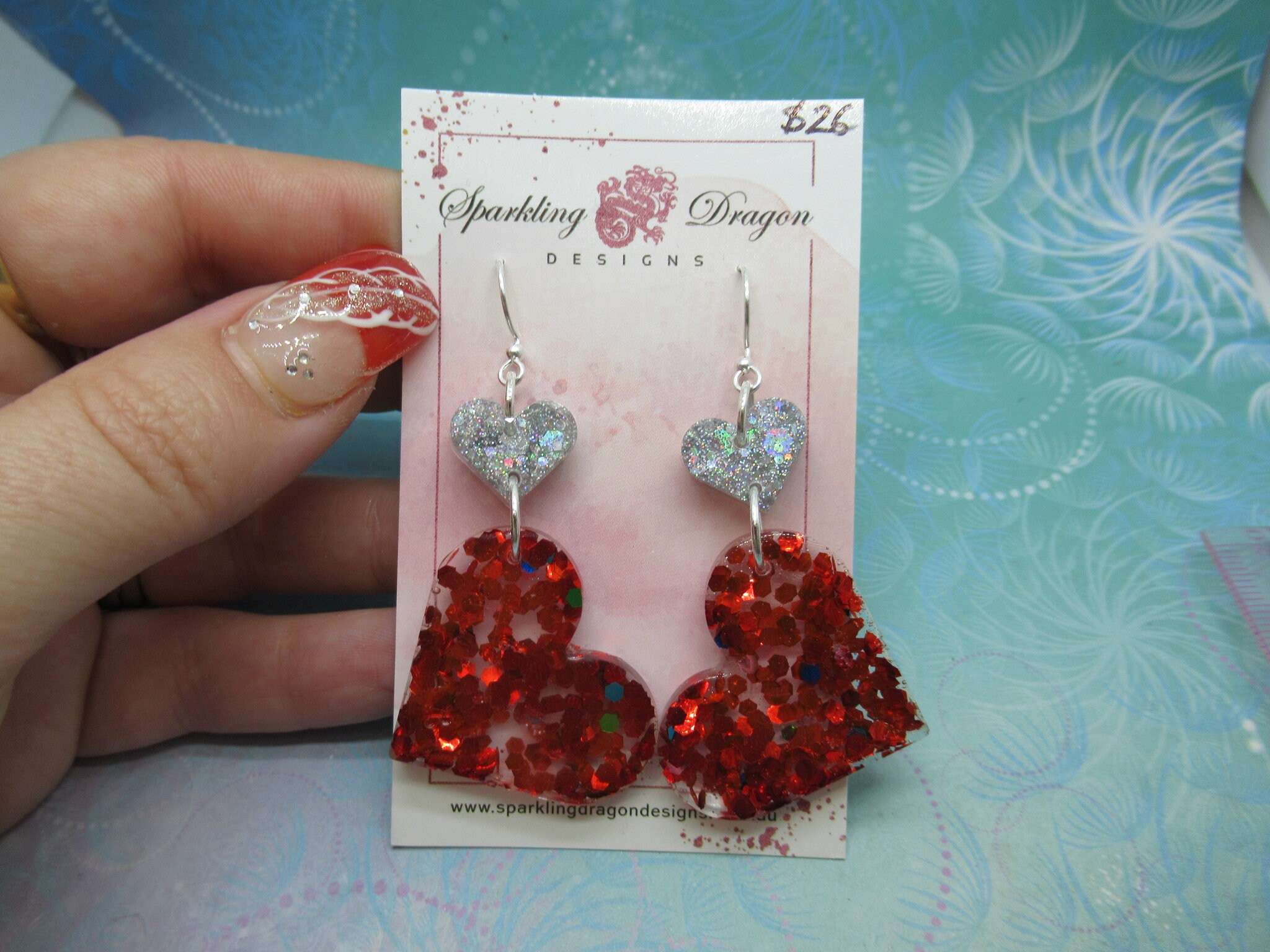 Love Heart Earrings - Statement Red & Holo Silver - Image 2