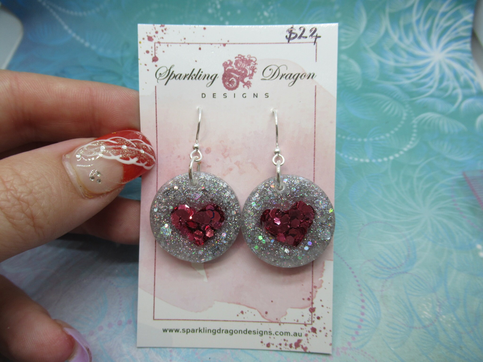 Love Heart Earrings - Sweet Pink & Holo Silver Round - Image 2