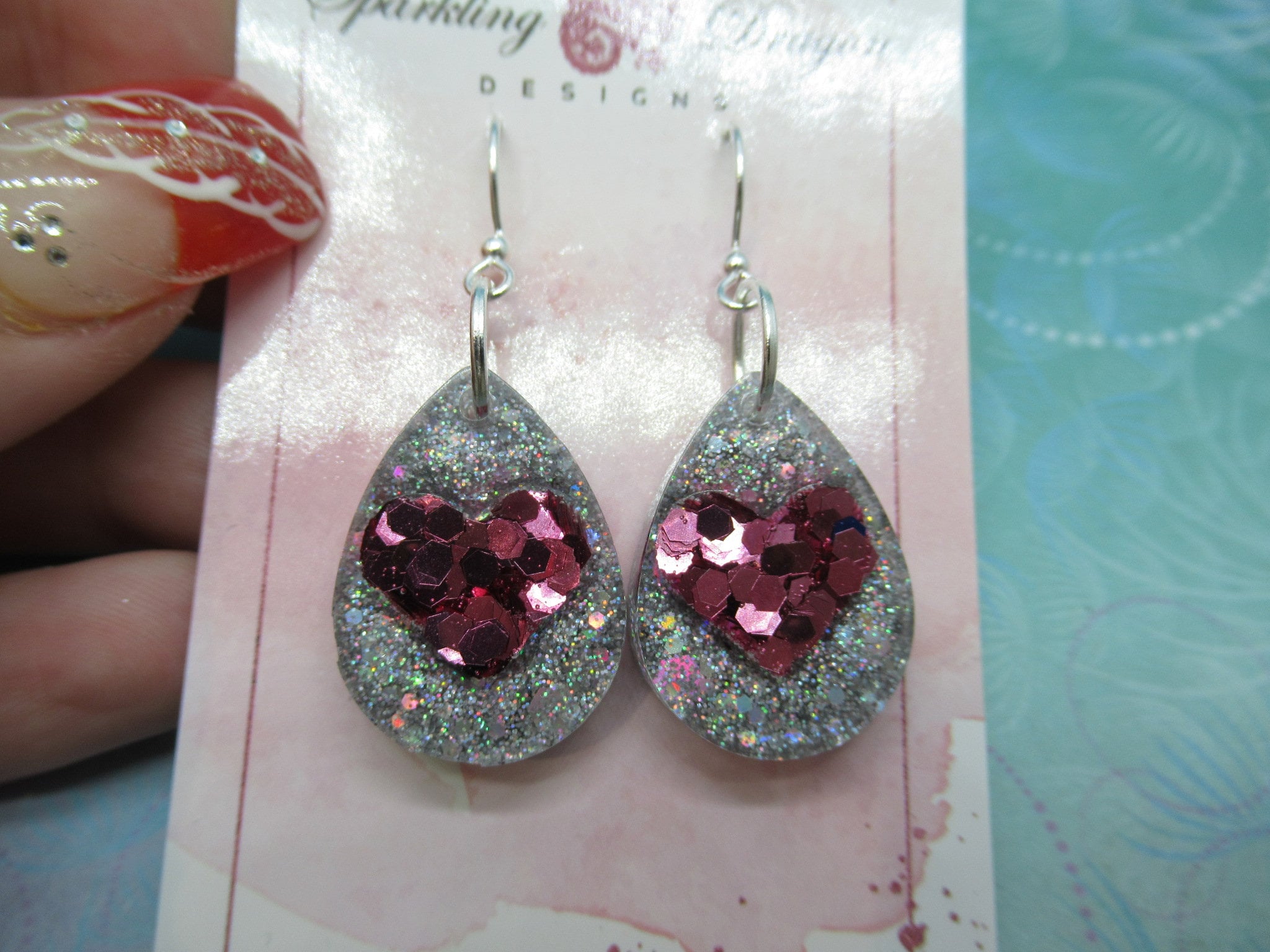 Love Heart Earrings - Sweet Pink & Holo Silver Teardrop