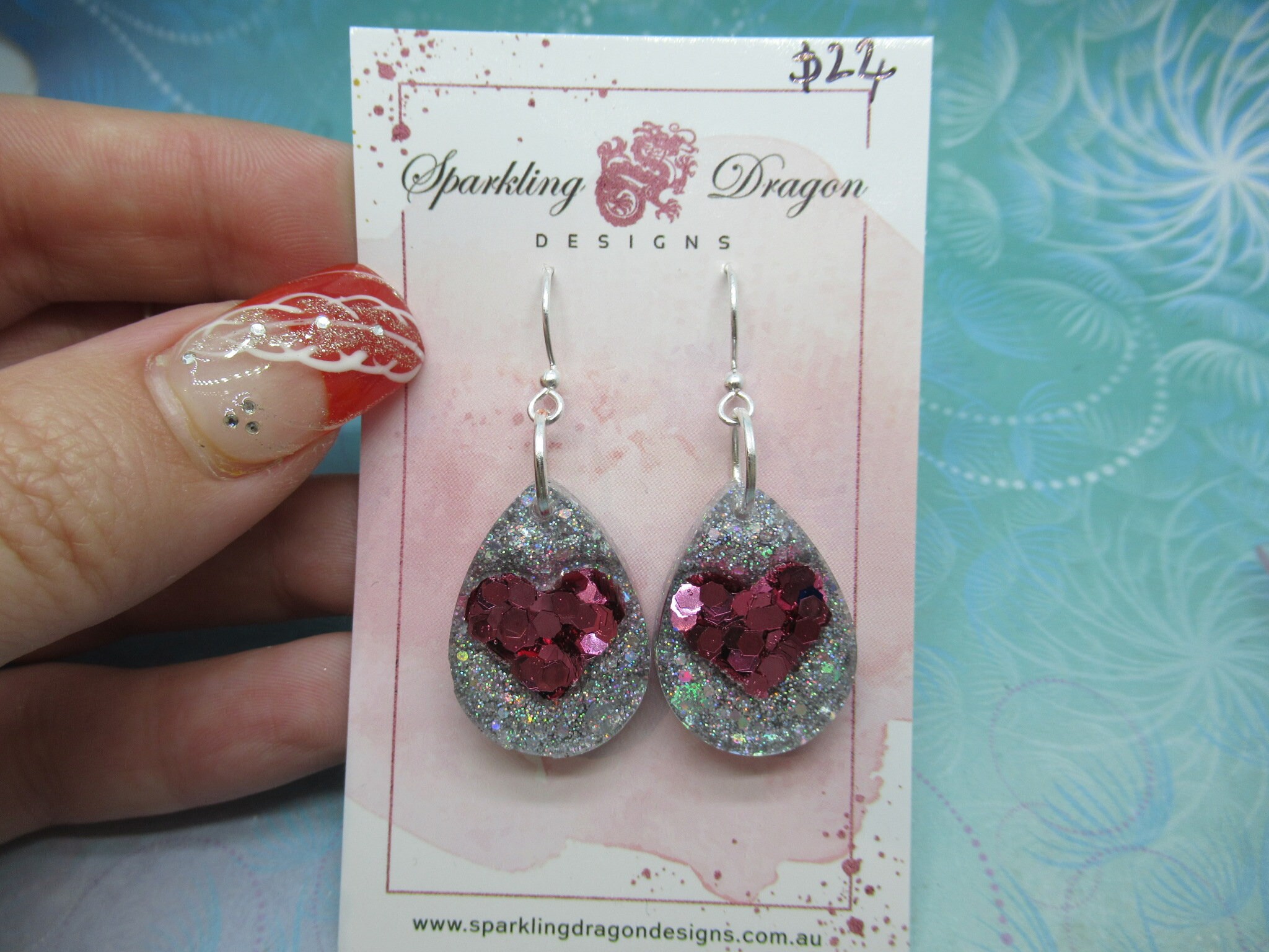 Love Heart Earrings - Sweet Pink & Holo Silver Teardrop - Image 2