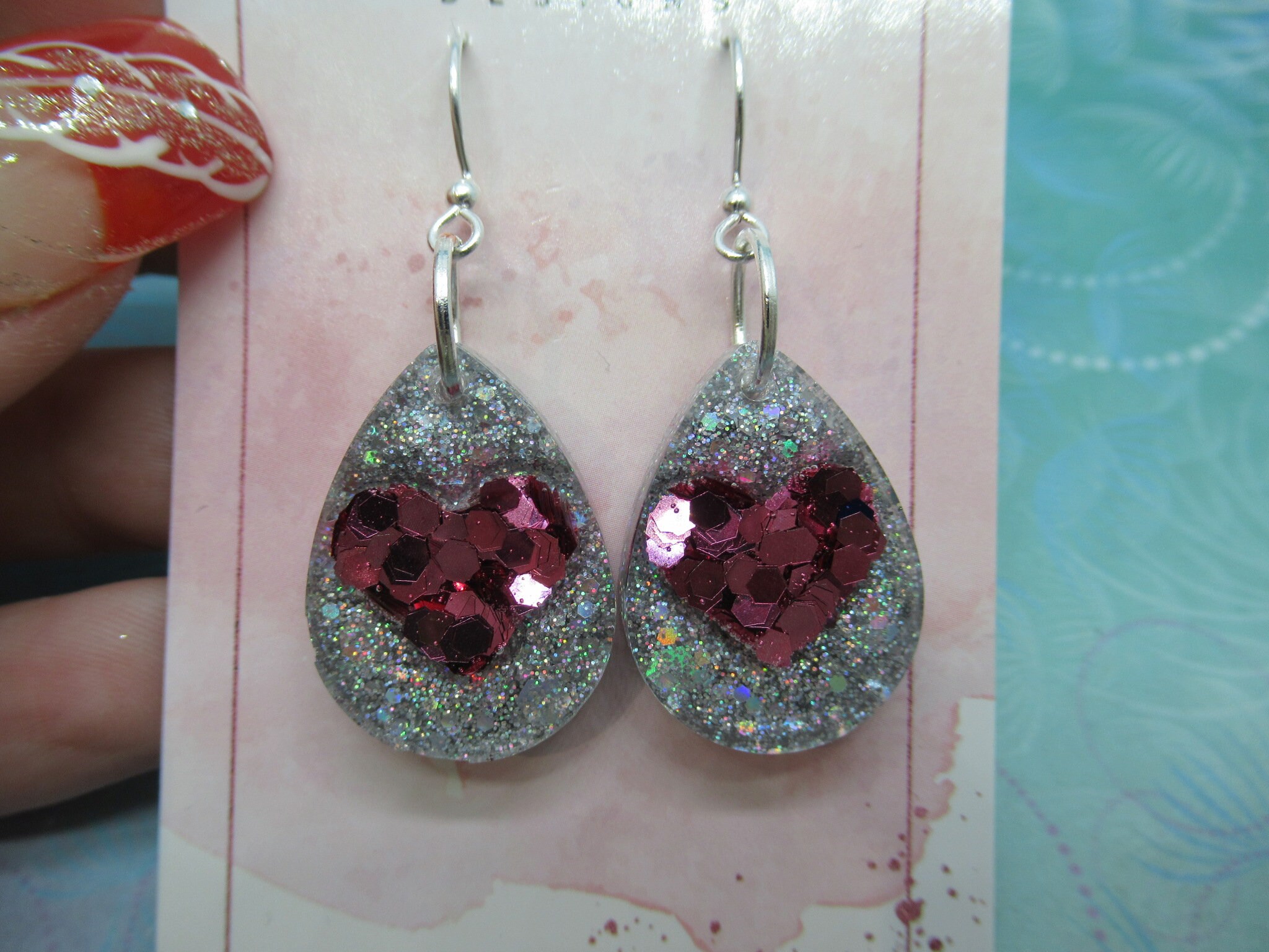 Love Heart Earrings - Sweet Pink & Holo Silver Teardrop - Image 3