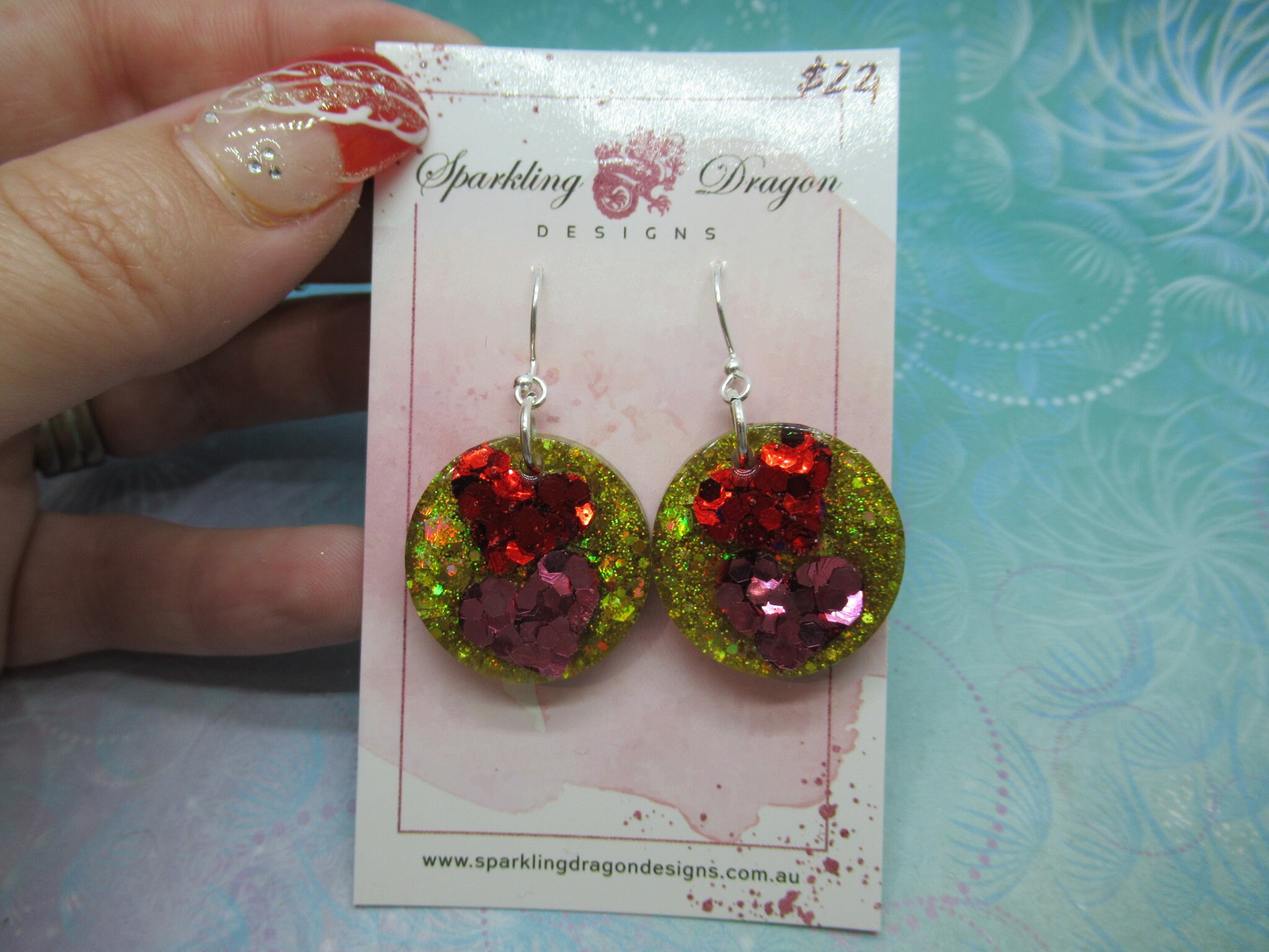 Love Heart Earrings - Double Red & Pink Hearts Holo Gold Round