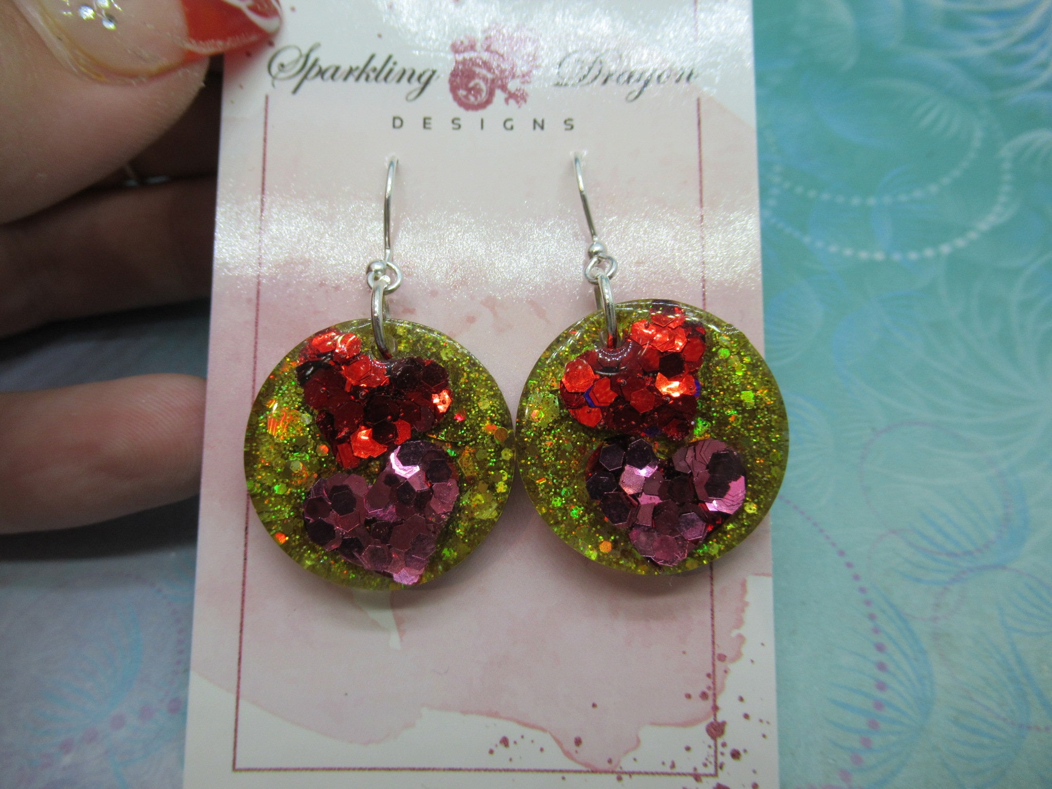 Love Heart Earrings - Double Red & Pink Hearts Holo Gold Round - Image 2