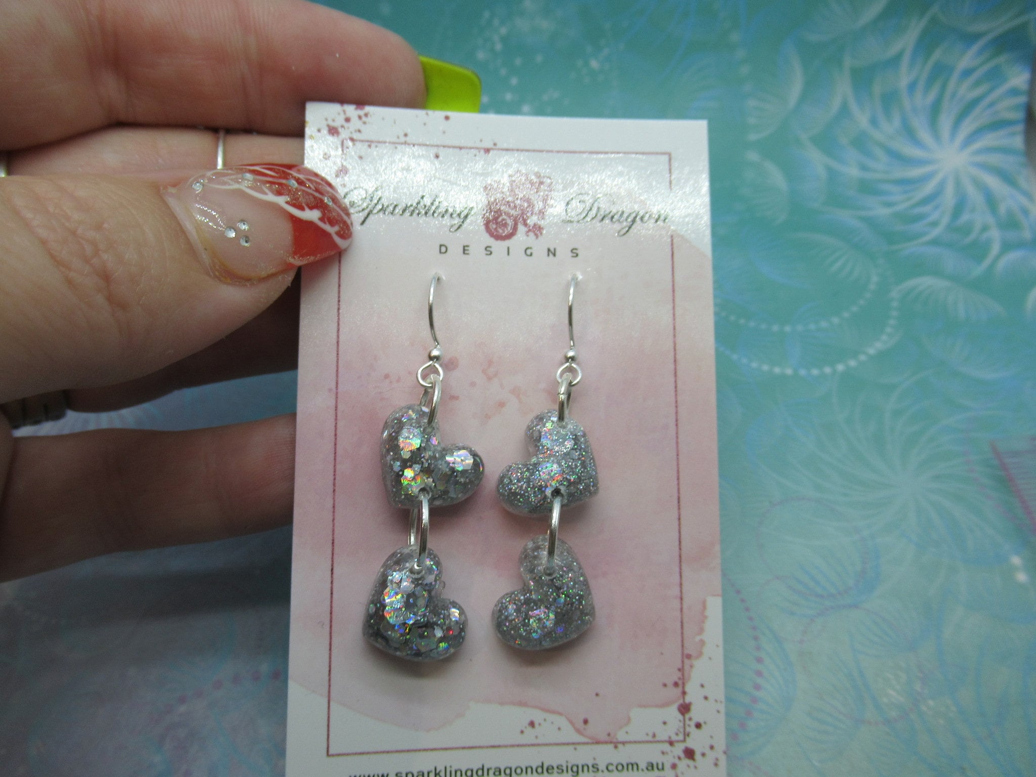 Love Heart Earrings - Double Drop Petite Silver Holo Hearts