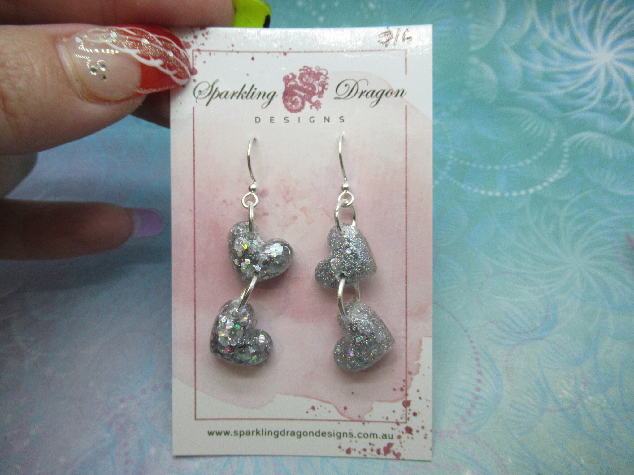 Love Heart Earrings - Double Drop Petite Silver Holo Hearts - Image 4