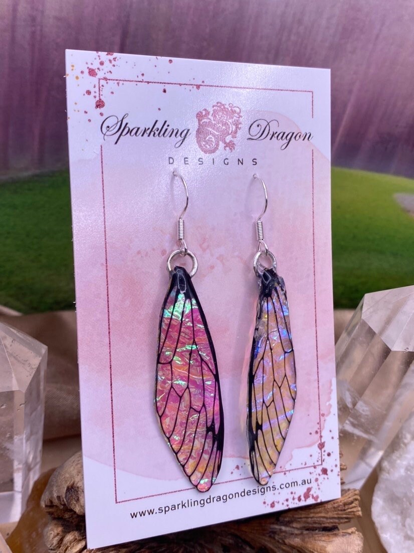 Pink Green Colour Shift Butterfly Shimmer Wing Earrings - Fairy Jewellery, Fun Gift Fairy Dragonfly Cicada - Image 3