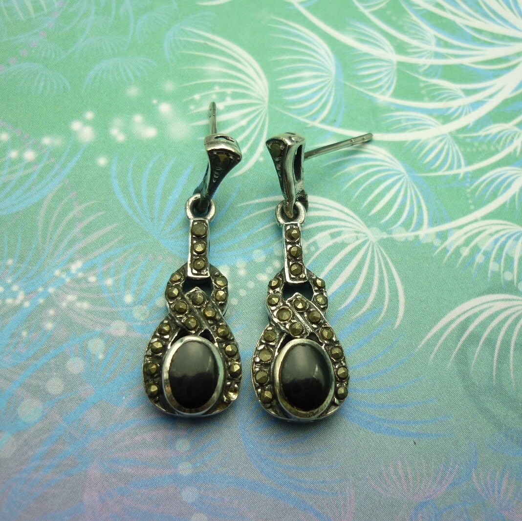 Vintage Sterling Silver Earrings - Black Onyx - Style 19