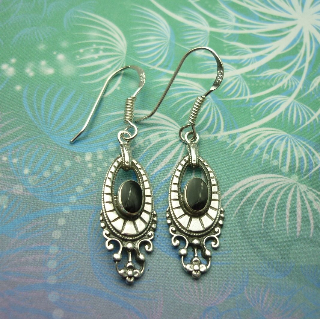 Vintage Sterling Silver Earrings - Black Onyx - Style 22