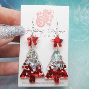 Holographic Silver & Red Christmas Tree Earrings Large