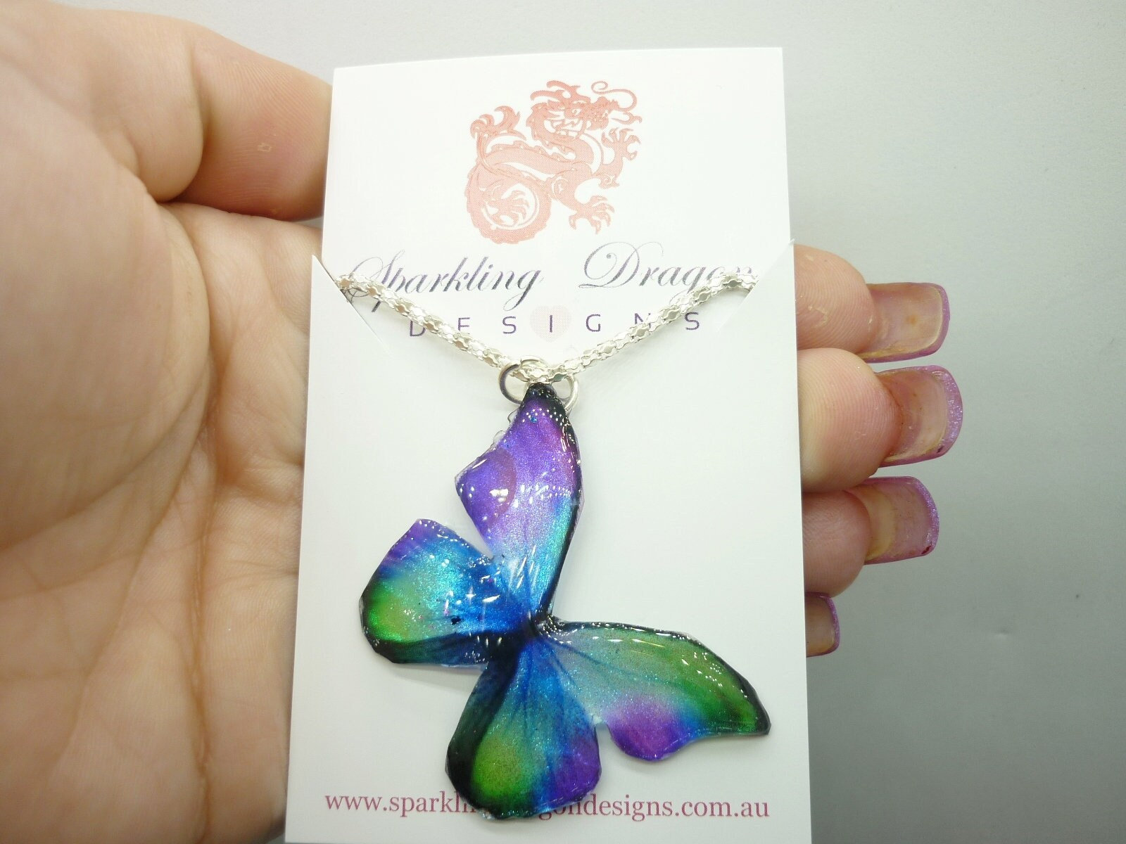 Butterfly Necklace Purple, Green, Blue on a Sparkle Silver Plated Chain - Fairy Jewellery, Fun Gift for her Resin with Glitter Finish