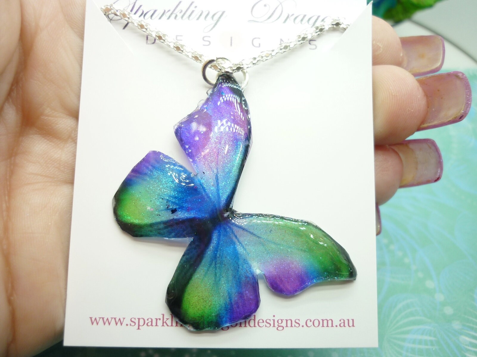 Butterfly Necklace Purple, Green, Blue on a Sparkle Silver Plated Chain - Fairy Jewellery, Fun Gift for her Resin with Glitter Finish - Image 2