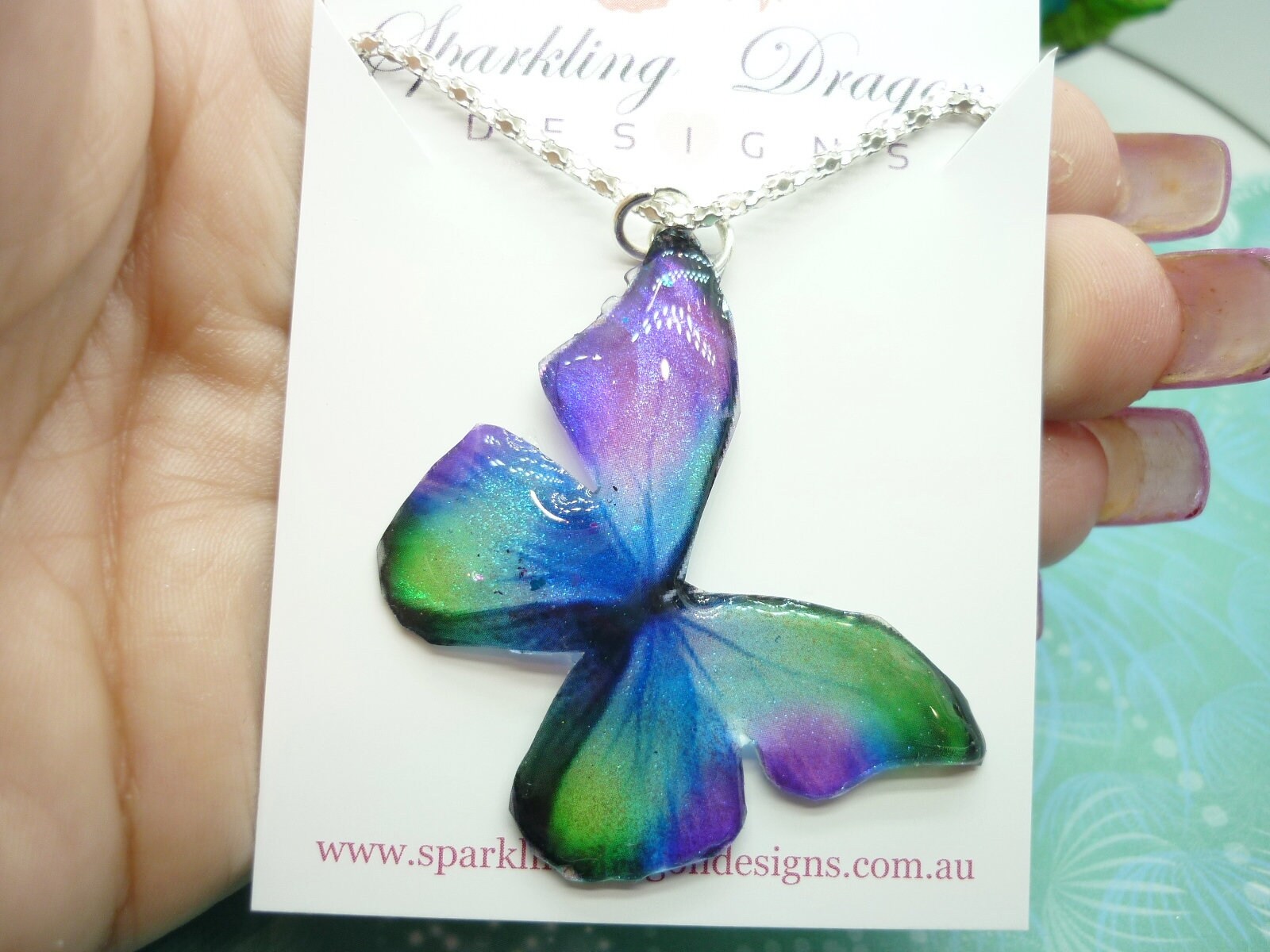 Butterfly Necklace Purple, Green, Blue on a Sparkle Silver Plated Chain - Fairy Jewellery, Fun Gift for her Resin with Glitter Finish - Image 3