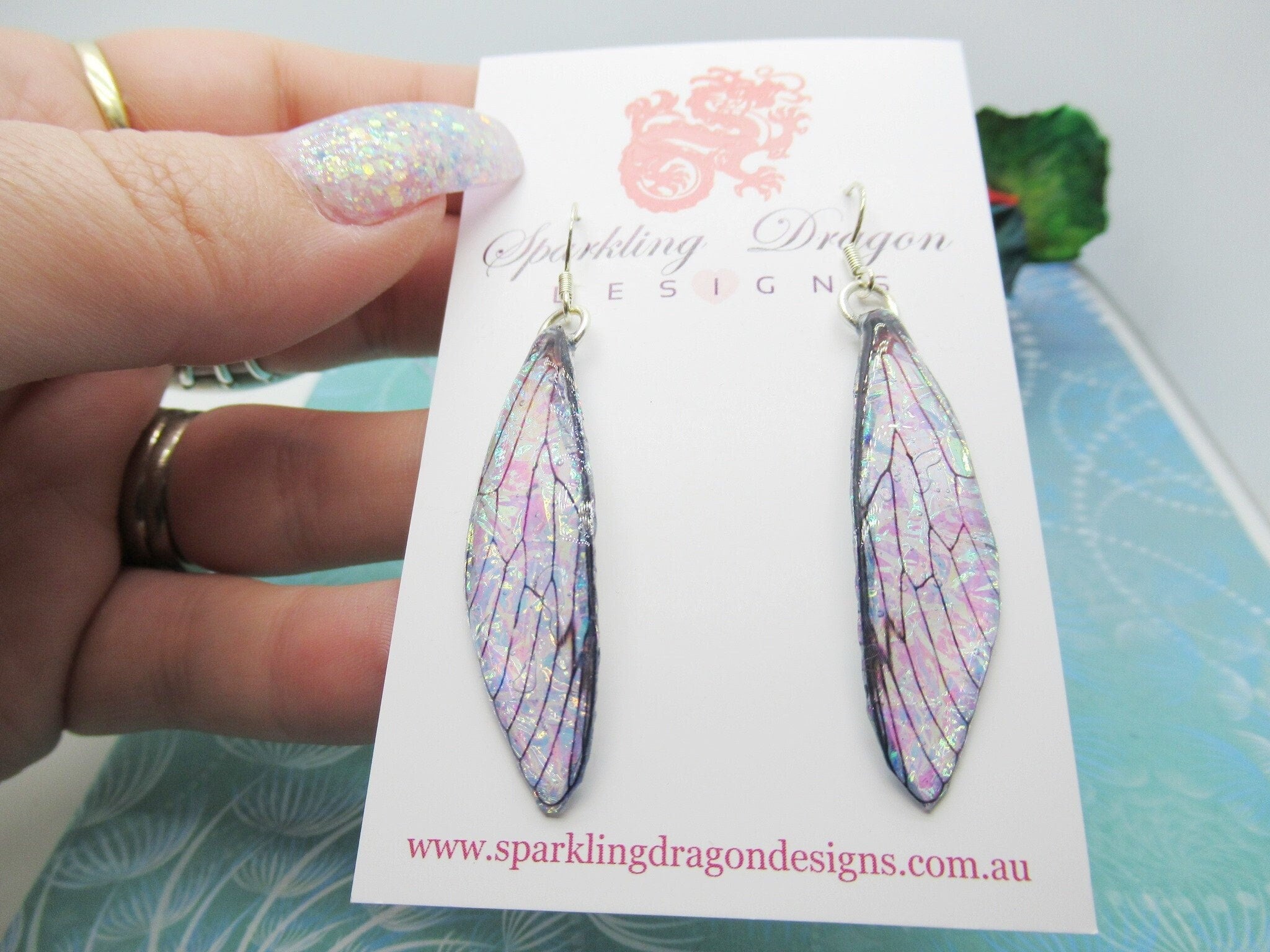 Blue Gold Green Pink Bubble Shimmer AB Colour Shift Fantasy Wing Earrings - Fairy Jewellery, Fun Gift Faire Dragonfly Cicada Butterfly Wings