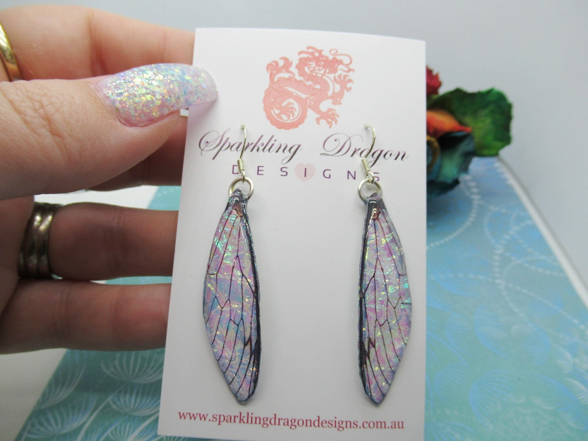 Blue Gold Green Pink Bubble Shimmer AB Colour Shift Fantasy Wing Earrings - Fairy Jewellery, Fun Gift Faire Dragonfly Cicada Butterfly Wings - Image 4