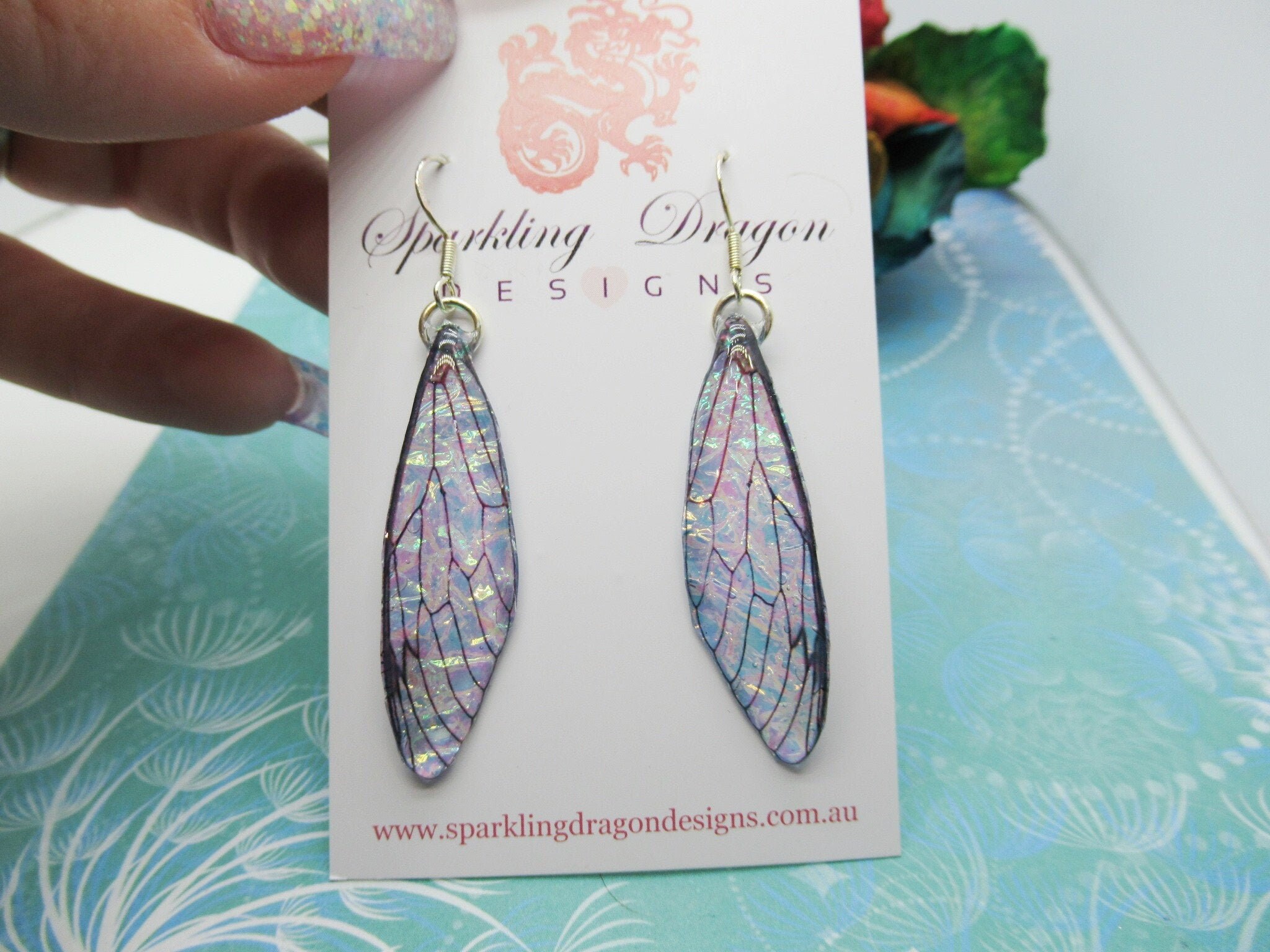 Blue Gold Green Pink Bubble Shimmer AB Colour Shift Fantasy Wing Earrings - Fairy Jewellery, Fun Gift Faire Dragonfly Cicada Butterfly Wings - Image 6