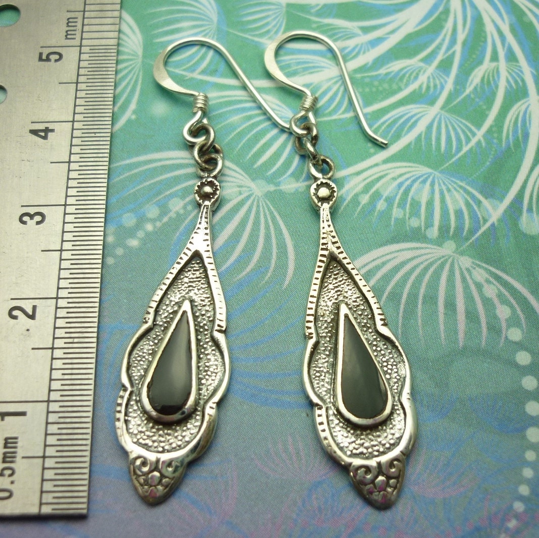 Vintage Sterling Silver Earrings - Black Onyx - Style 6 - Image 2