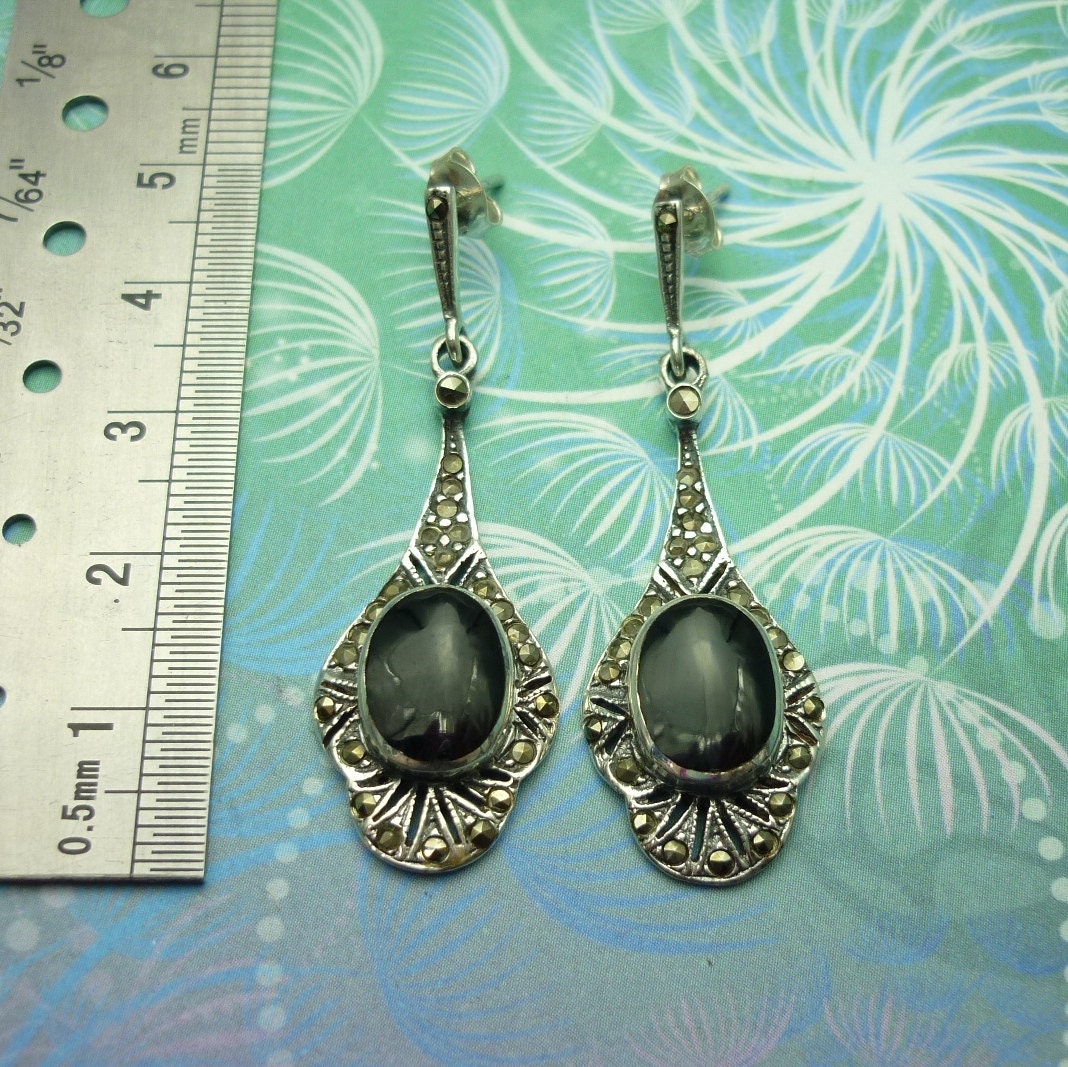Vintage Sterling Silver Earrings - Black Onyx - Style 16 - Image 2