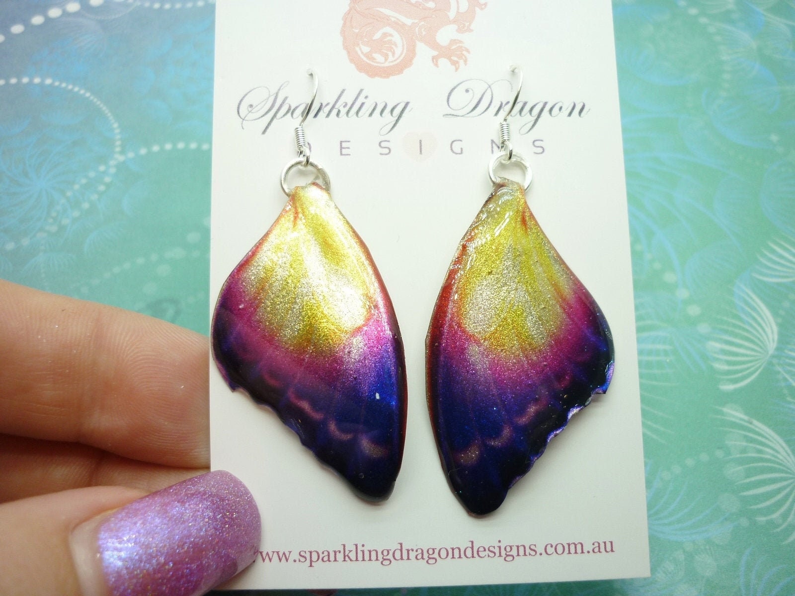 Butterfly Earrings Mystic Sunset - Fairy Jewellery Fun Gift for her, Fairy Wing Earrings - Sparkly - Resin with Glitter Finish - Image 2