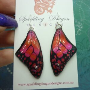 Butterfly Wing Earrings Swarovski Jeweled Red Pink & Orange - Fairy Jewellery, Fairy Wing Earrings - Sparkly Resin with Glitter Finish