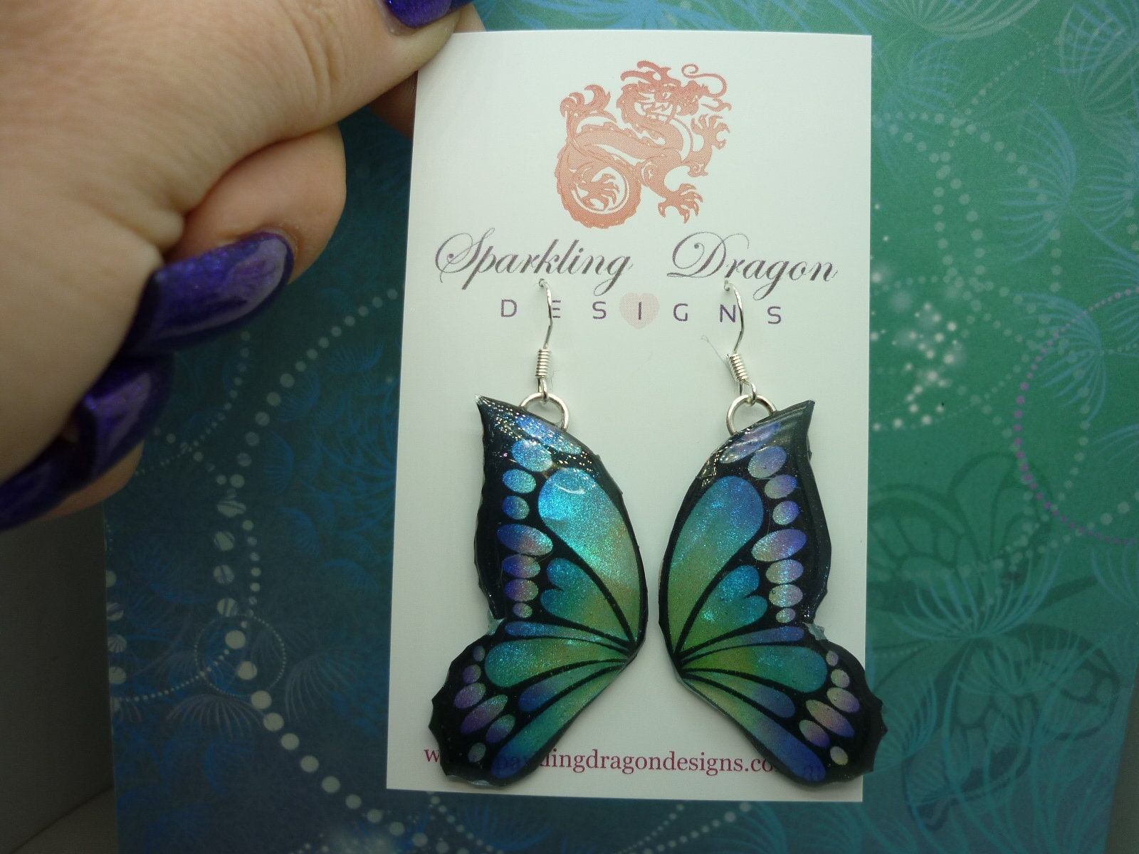 Butterfly Double Wing Earrings Purple & Blue - Fairy Jewellery, Fun Gift for her Fairy Wing Earrings - Sparkly - Resin with Glitter Finish - Image 2