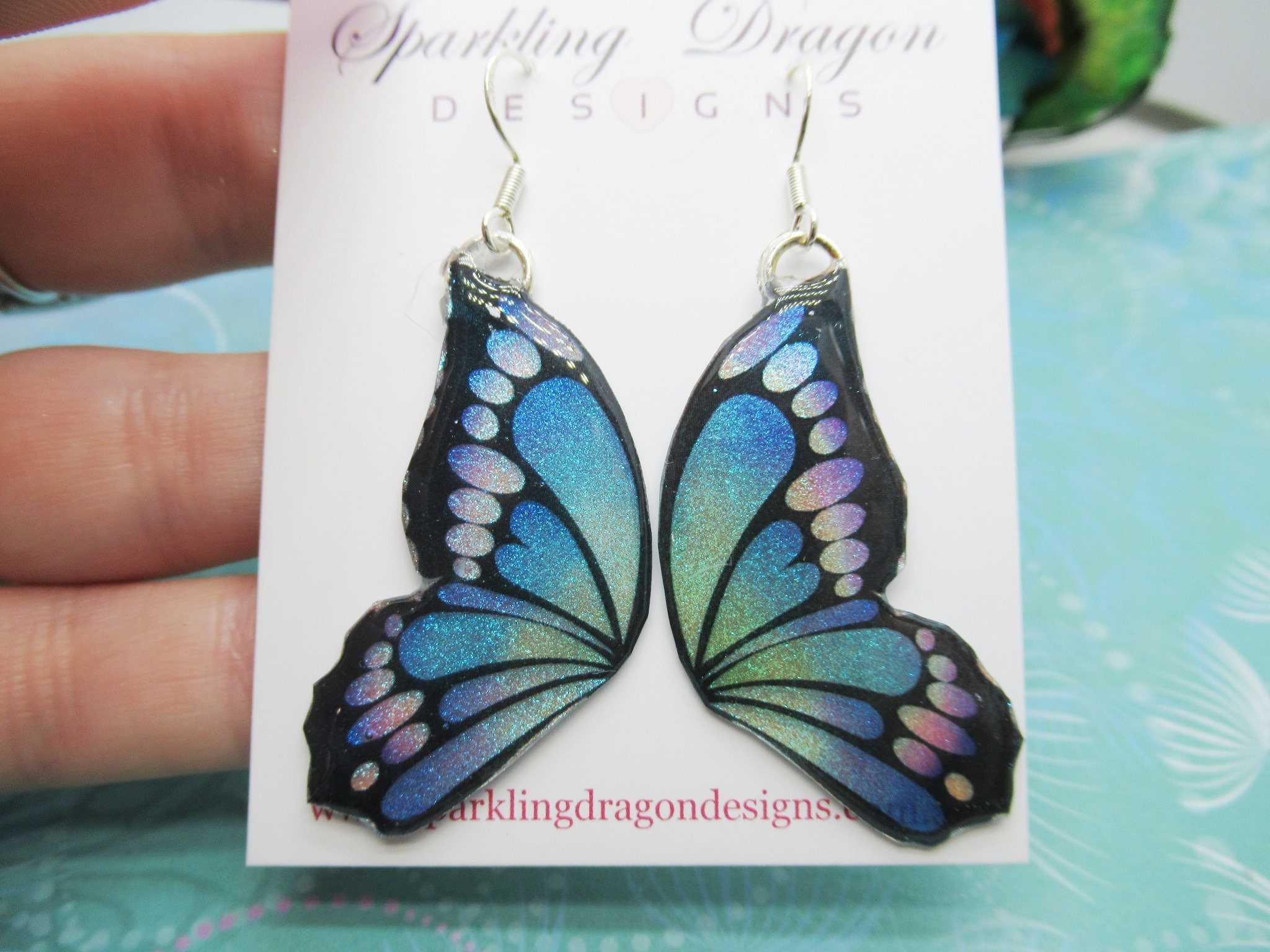 Butterfly Double Wing Earrings Purple & Blue - Fairy Jewellery, Fun Gift for her Fairy Wing Earrings - Sparkly - Resin with Glitter Finish - Image 5