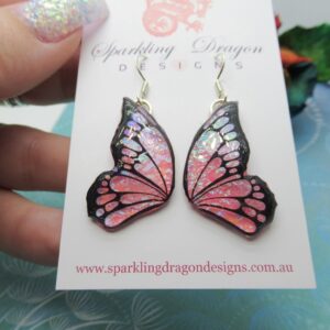 Shimmery Pink Green Butterfly Double Wing Earrings  - Fairy Jewellery, Fun Gift Fairy Wing Earrings - Sparkly  - Resin with Glitter Finish