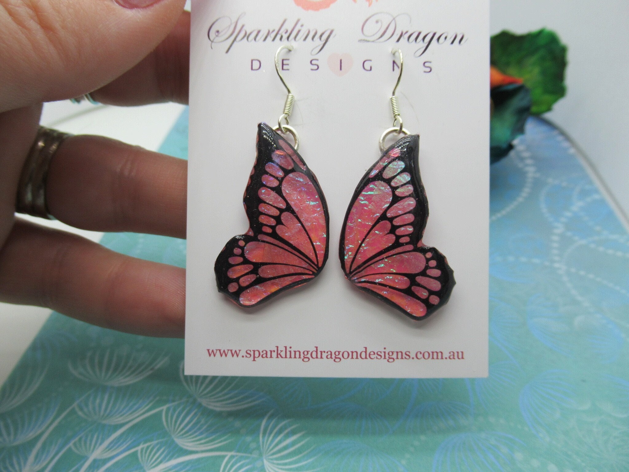 Shimmery Pink Green Butterfly Double Wing Earrings - Fairy Jewellery, Fun Gift Fairy Wing Earrings - Sparkly - Resin with Glitter Finish - Image 4