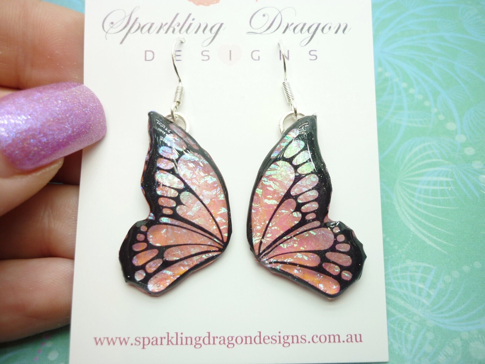 Shimmery Pink Green Butterfly Double Wing Earrings - Fairy Jewellery, Fun Gift Fairy Wing Earrings - Sparkly - Resin with Glitter Finish - Image 5