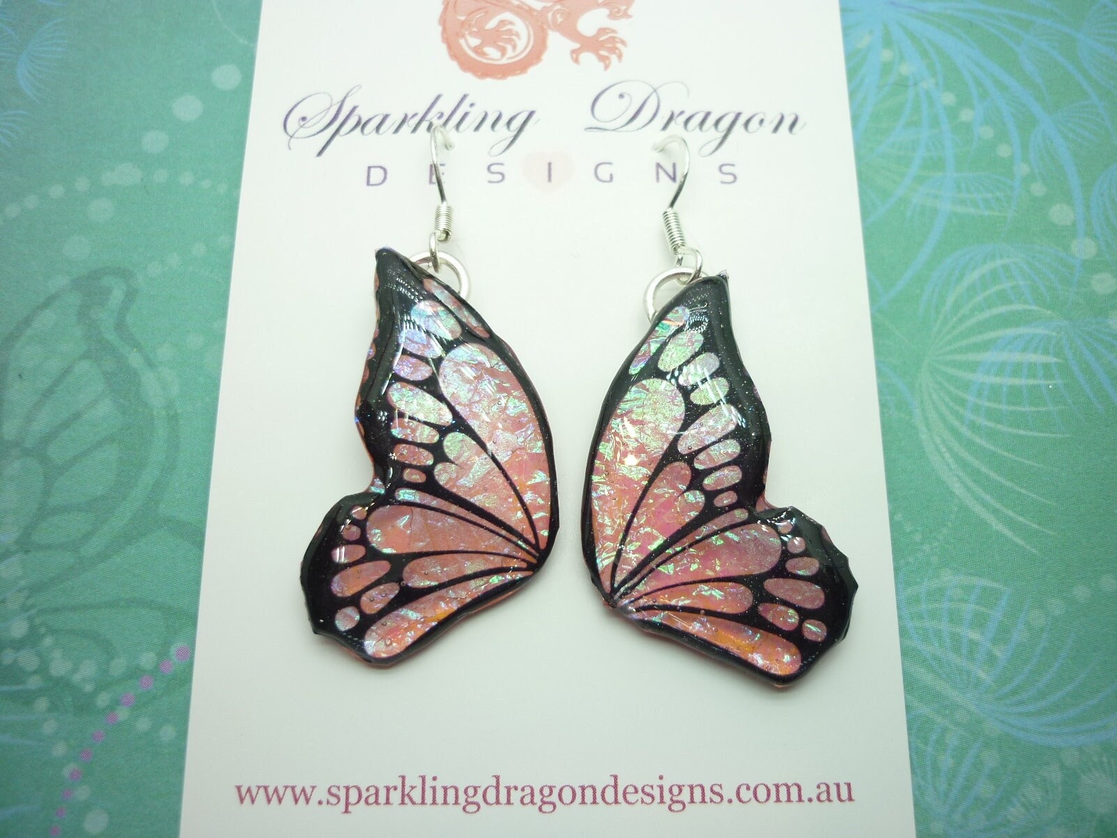 Shimmery Pink Green Butterfly Double Wing Earrings - Fairy Jewellery, Fun Gift Fairy Wing Earrings - Sparkly - Resin with Glitter Finish - Image 6