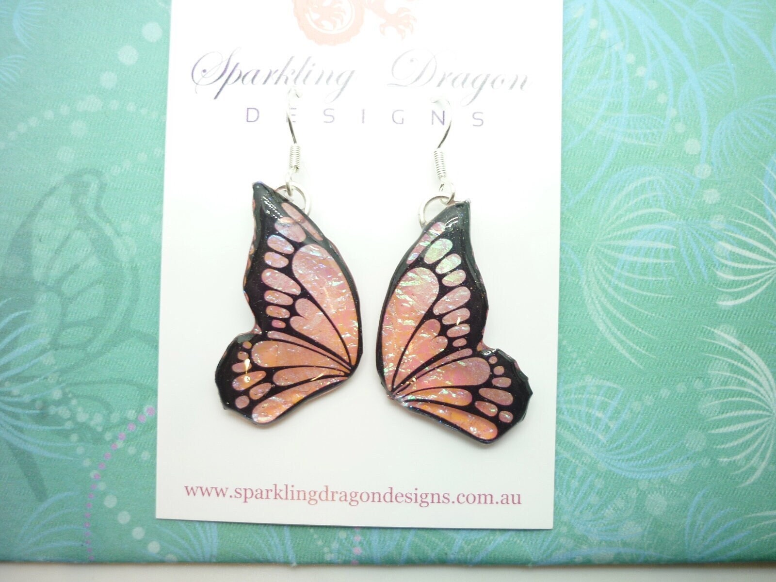 Shimmery Pink Green Butterfly Double Wing Earrings - Fairy Jewellery, Fun Gift Fairy Wing Earrings - Sparkly - Resin with Glitter Finish - Image 7