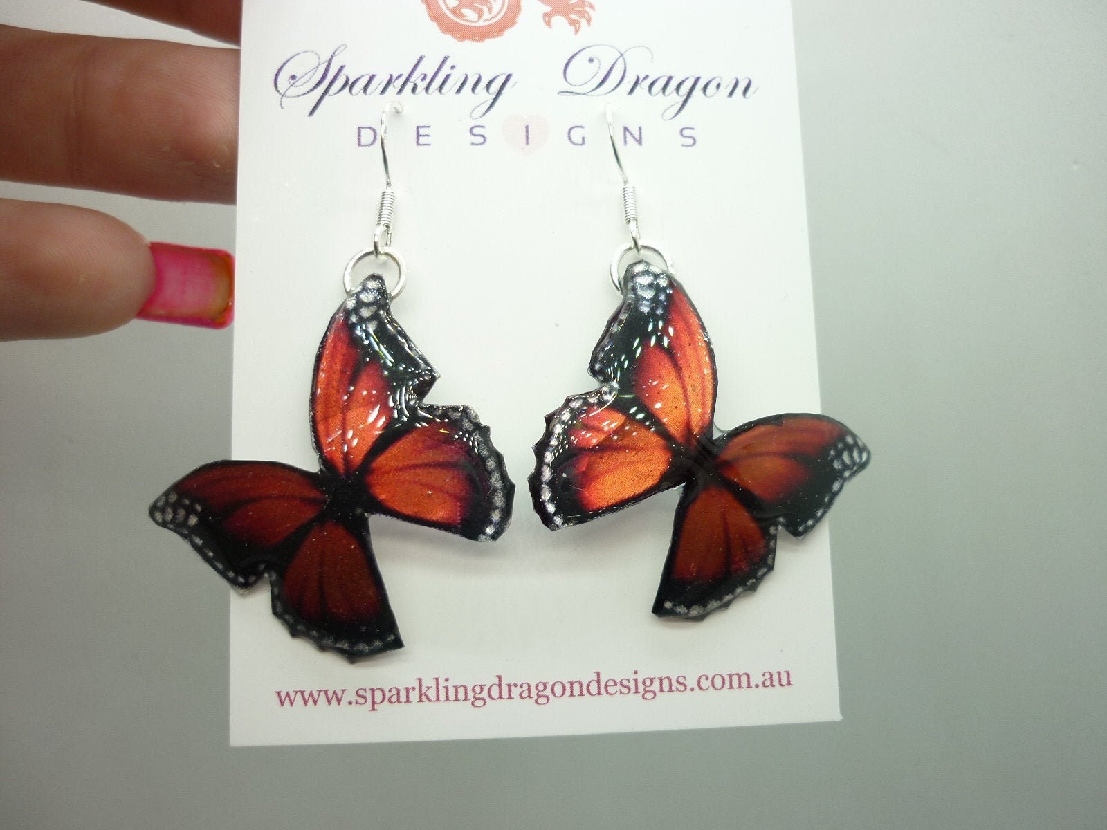 Little Red Butterfly Earrings - Fairy Jewellery, Fun Gift, Fairy Wing Earrings - Sparkly - Resin with Glitter Finish - Image 4