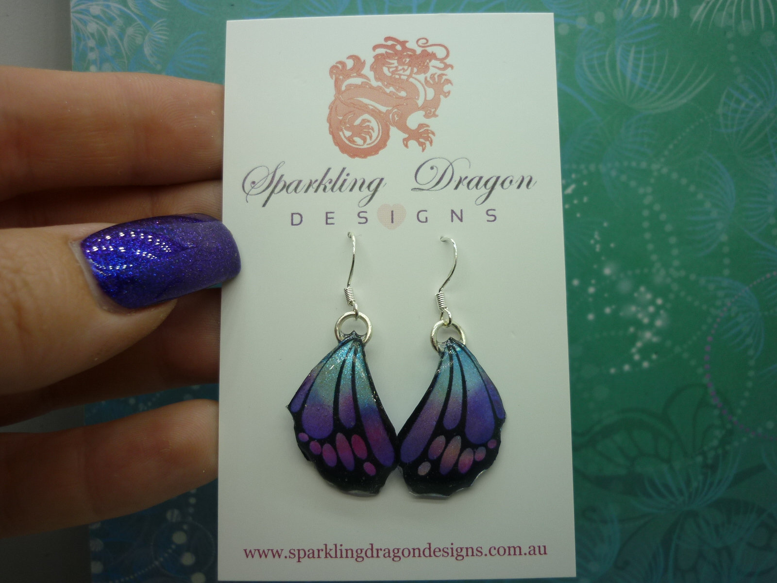 Butterfly Wing Earrings Blue Purple & Pink - Fairy Jewellery, Fun Gift for her Fairy Wing Earrings - Sparkly - Resin with Glitter Finish