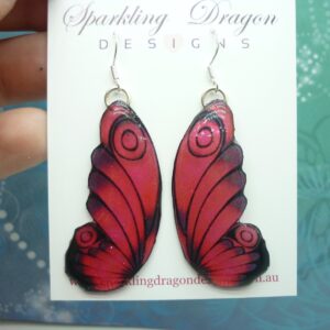 Butterfly Double Wing Earrings Red & Black - Fairy Jewellery, Fun Gift for her Fairy Wing Earrings - Sparkly - Resin with Glitter Finish