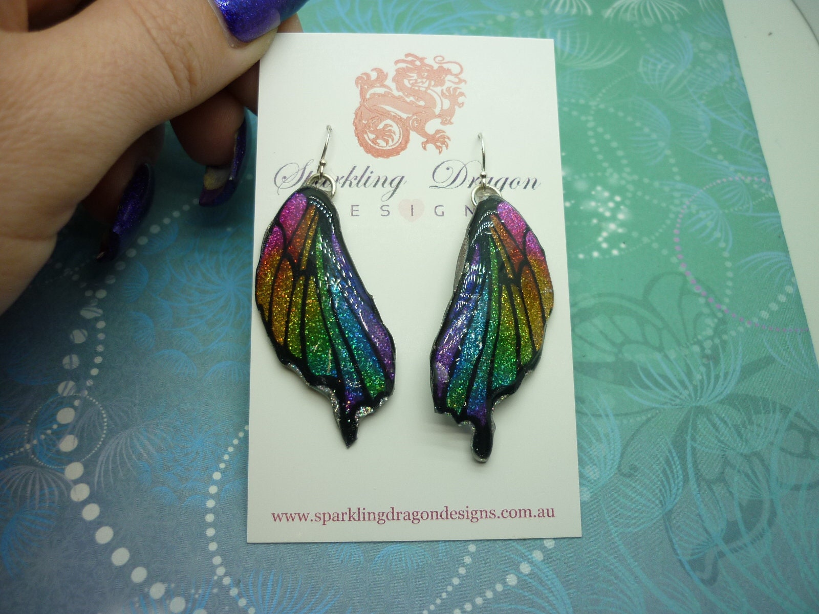 Butterfly Wing Earrings Sparkling Rainbow - Fairy Jewellery, Fun Gift for her Fairy Wing Earrings - Sparkly - Resin with Glitter Finish