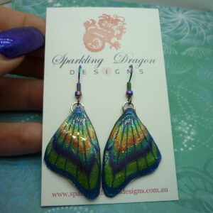 Butterfly Wings Earrings Sparkling Blue & Green - Fairy Jewellery, Fun Gift for her Statement Present Sparkly - Resin with Glitter Finish