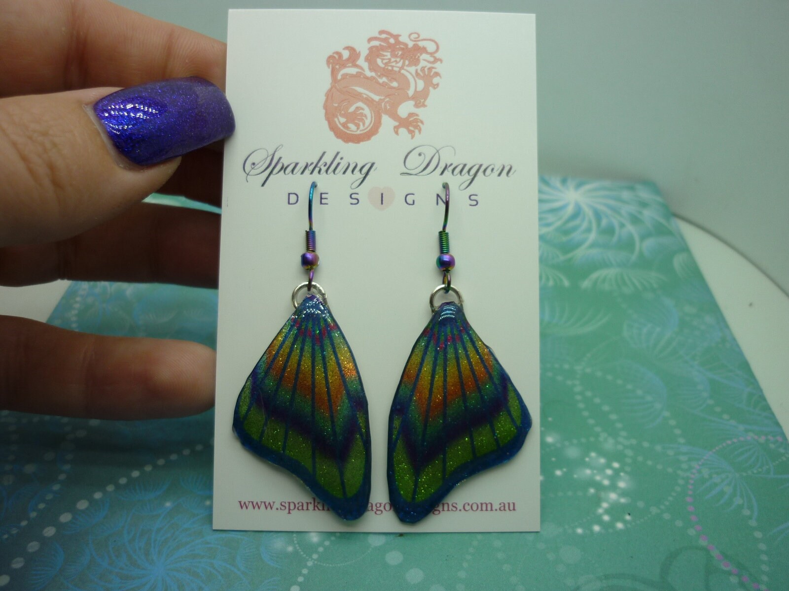 Butterfly Wings Earrings Sparkling Blue & Green - Fairy Jewellery, Fun Gift for her Statement Present Sparkly - Resin with Glitter Finish - Image 2