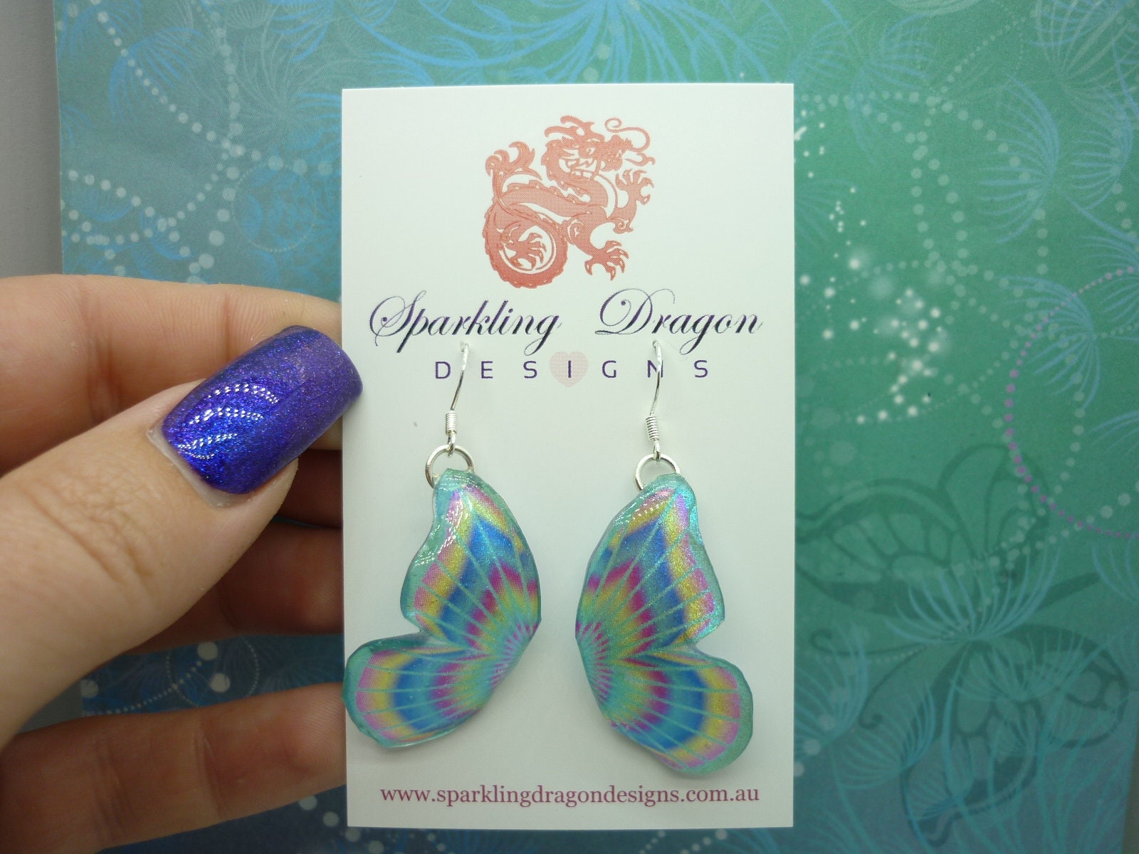 Butterfly Double Wing Earrings Pale Blue Rainbow- Fairy Jewellery, Fun Gift for her Statement Present Sparkly - Resin with Glitter Finish - Image 2
