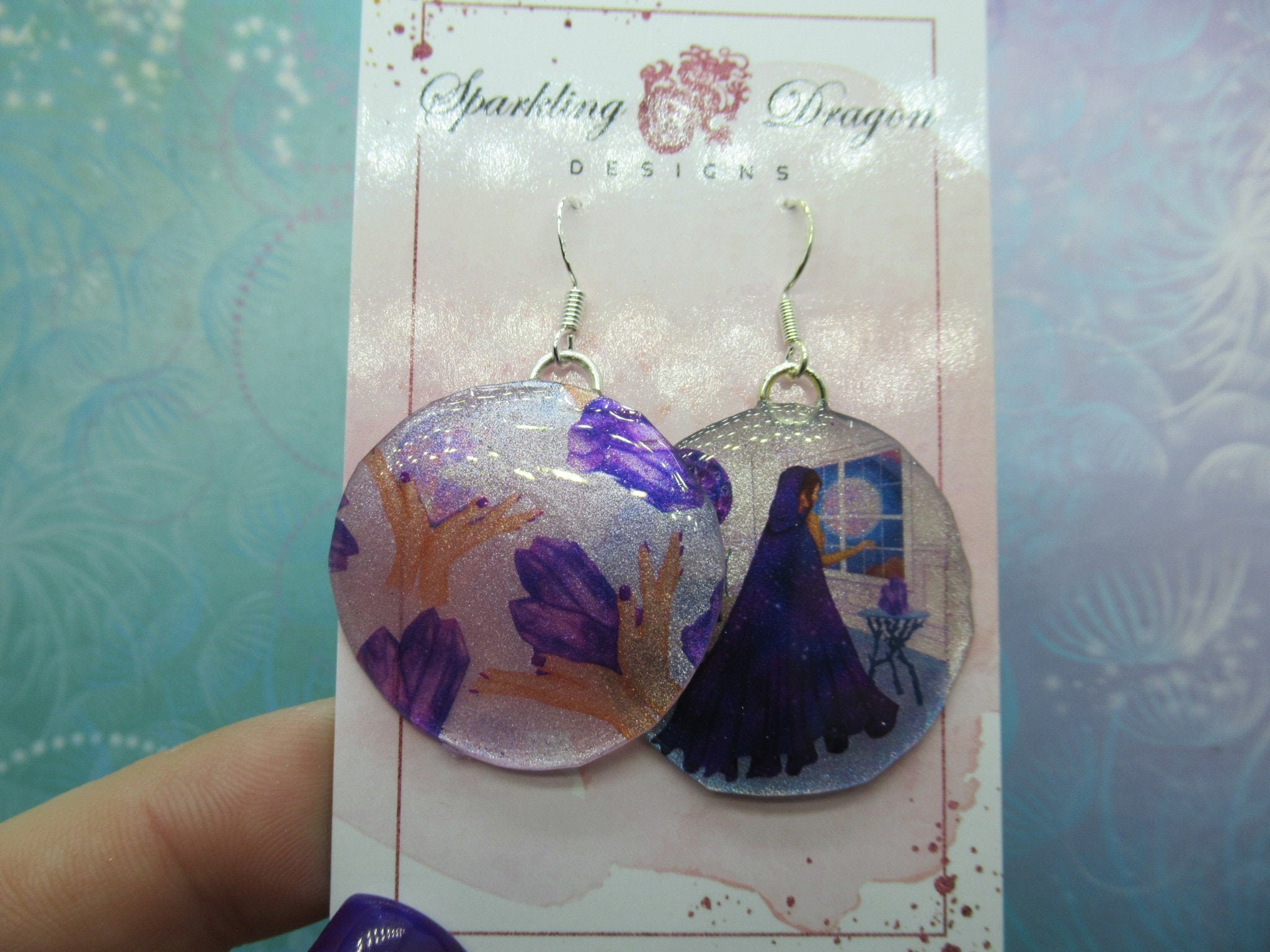Crystal Witchy Full Moon Earrings - New Age Boho gift - Purple in Resin with Glitter Finish