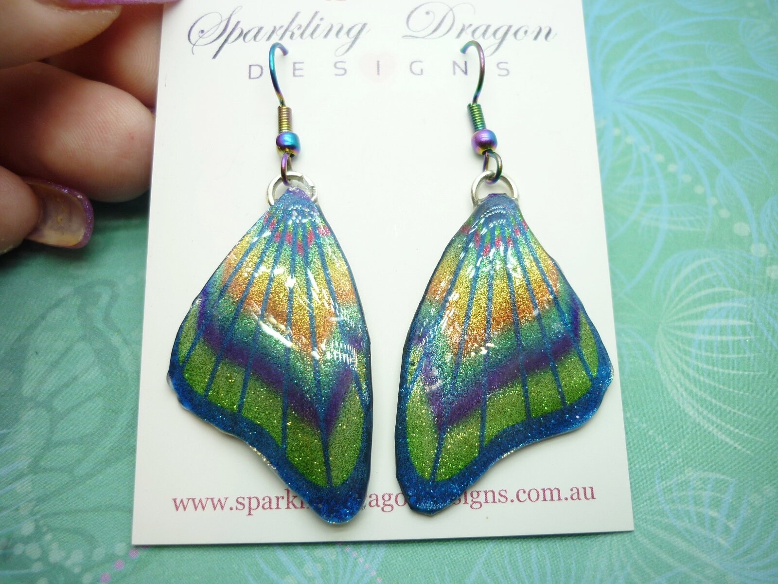 Butterfly Wings Earrings Sparkling Blue & Green - Fairy Jewellery, Fun Gift for her Statement Present Sparkly - Resin with Glitter Finish - Image 7