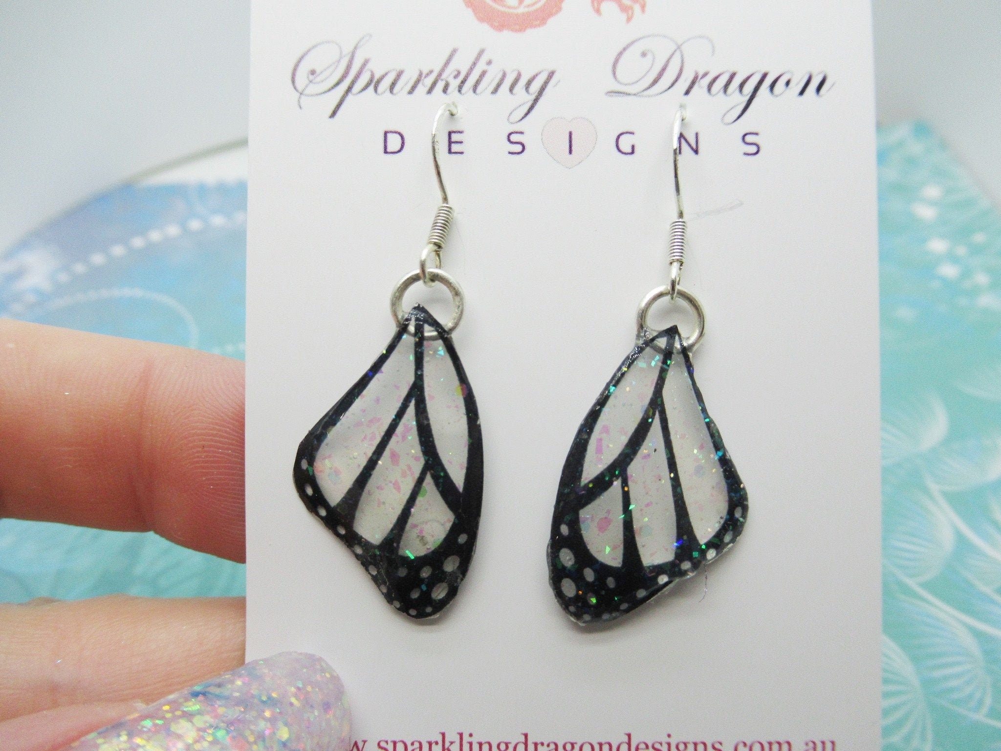 Butterfly Wings Earrings Unicorn Pink Flecks and Spots - Fairy Jewellery, Fairy Wing Earrings - Sparkly - Resin with Glitter Finish