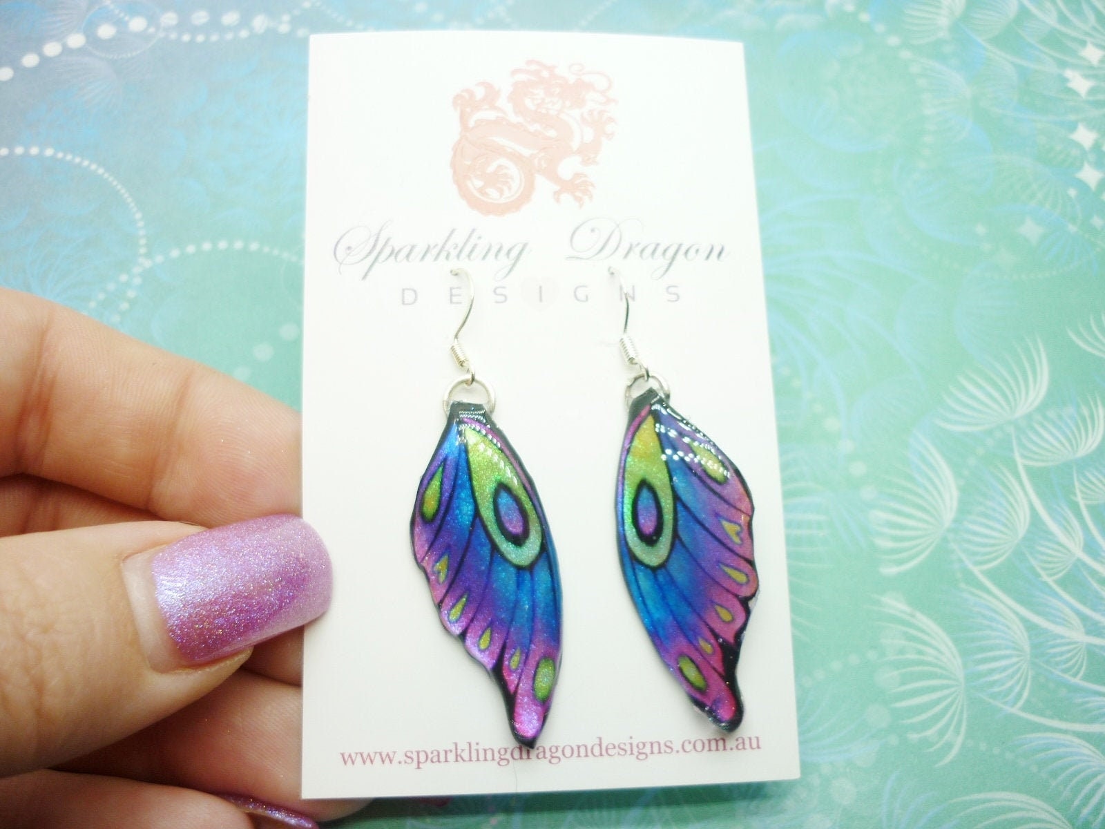 Butterfly Wing Earrings Blue Purple Green Fairy Jewellery, Fun Gift for her Fairy Wing Earrings - Sparkly - Resin with Glitter Finish Medium - Image 2