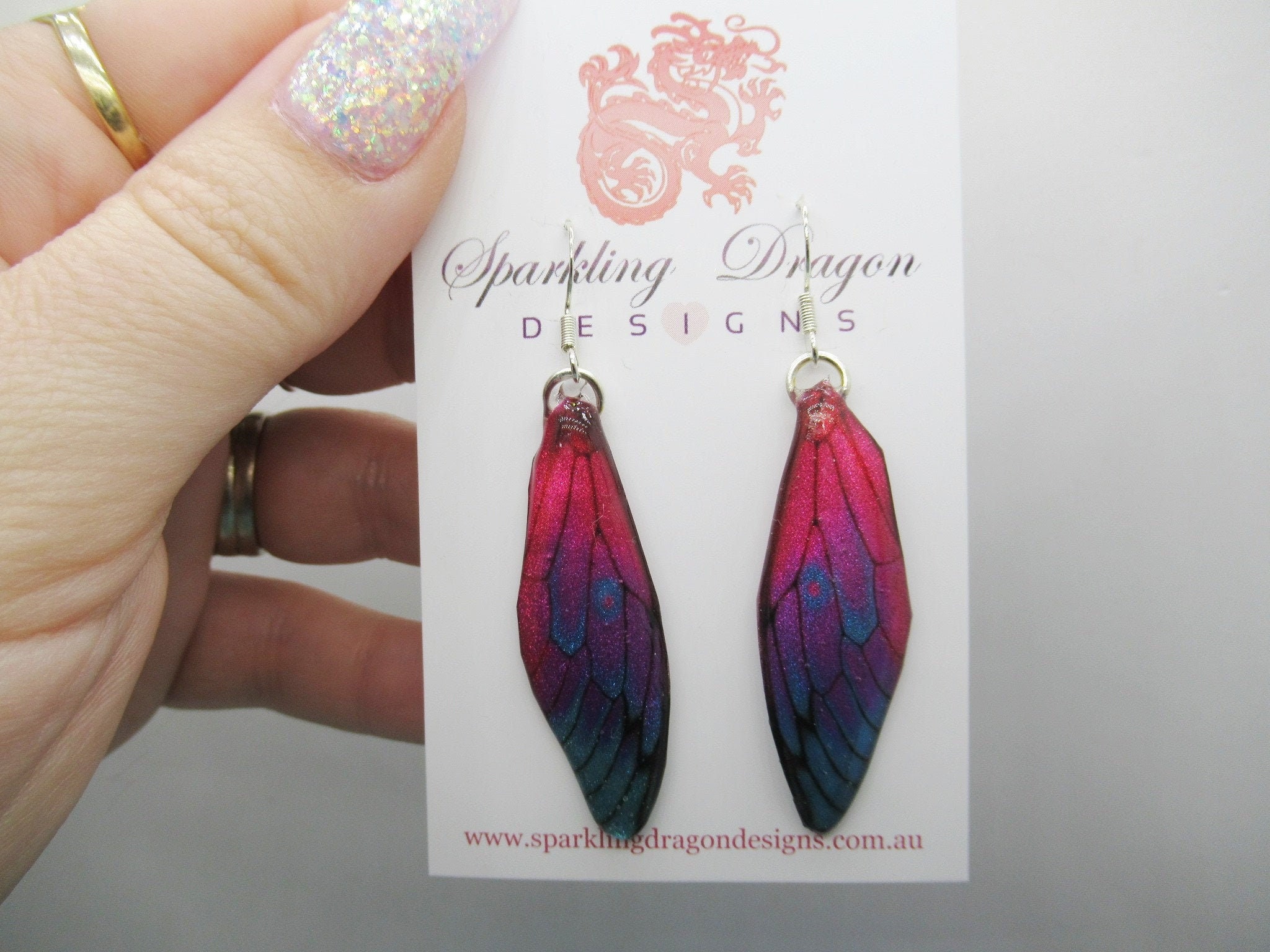 Butterfly Wings Pink, Blue & Purple Earrings - Fairy Jewellery, Fun Gift for her Fairy Wing Earrings - Sparkly - Resin with Glitter Finish - Image 4